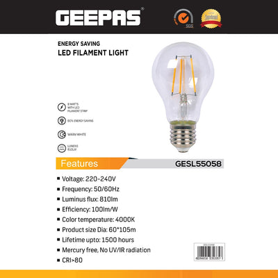 Geepas GESL55058 8W LED Filament Light |  810lm Natural White 4000K | High Efficiency 100lm/W  | Energy Saving Bulb with Classic Filament Design |  Mercury-Free