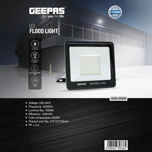 Geepas GESL55059 100W LED Flood Light | IP66 Waterproof 7000lm Outdoor Light | High 100 lm/W efficiency | Ultra-slim, modern design | 2-year manufacturer warranty