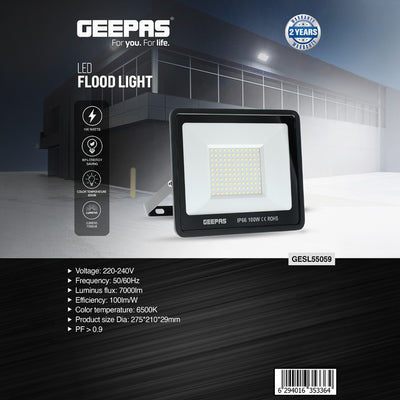 Geepas GESL55059 100W LED Flood Light | IP66 Waterproof 7000lm Outdoor Light | High 100 lm/W efficiency | Ultra-slim, modern design | 2-year manufacturer warranty