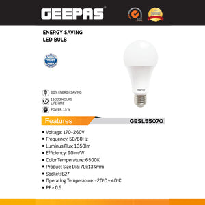 Geepas GESL55070 15W LED Bulb E27  | 1350 Lumens | 6500K Energy Saving Light | Standard E27 screw base  | Long-lasting performance | Wide voltage compatibility