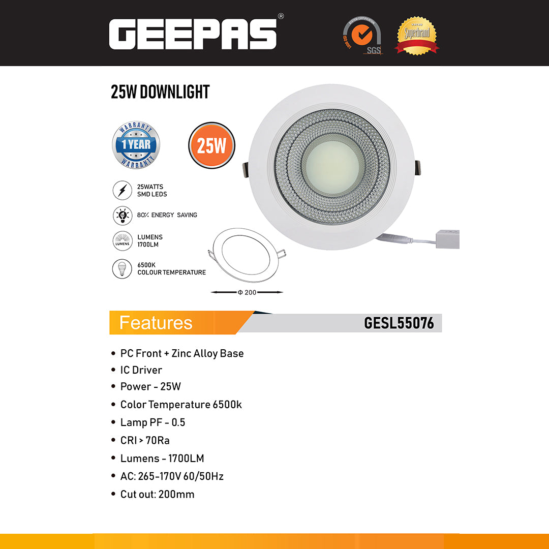 Geepas GESL55076 25W LED Downlight 6500K | 1700 Lumens | 200mm Cut-Out |  Durable PC front |Integrated IC driver |Low maintenance  | Energy-saving SMD LED technology