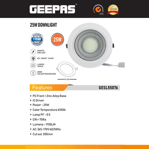Geepas GESL55076 25W LED Downlight 6500K | 1700 Lumens | 200mm Cut-Out |  Durable PC front |Integrated IC driver |Low maintenance  | Energy-saving SMD LED technology