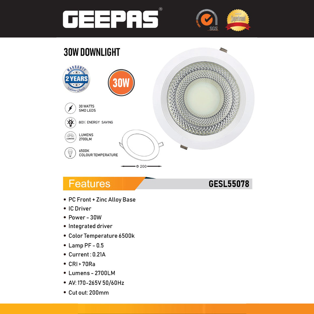 Geepas GESL55078 Round Slim 30W Downlight | COB LED Ceiling Light in Natural Cool White 6500K | Ultra Slim Design with Long Life 50,000 Burning Hours | 2 Years Warranty