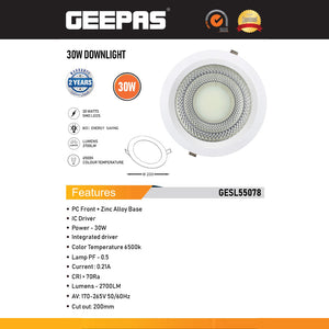 Geepas GESL55078 Round Slim 30W Downlight | COB LED Ceiling Light in Natural Cool White 6500K | Ultra Slim Design with Long Life 50,000 Burning Hours | 2 Years Warranty
