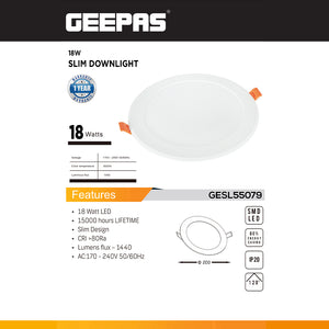Geepas GESL55079 18W Slim LED Downlight | 1440 Lumens| 6500K Cool Daylight | Ultra-slim modern design | Long operational life of up to 15,000 hours | Wide 120° beam angle