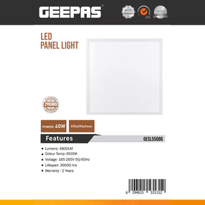 Geepas GESL55086 LED Panel Light 60W 6500K (Cartoon 1 x 12) | 4800 Lumens Square Ceiling Panel | Slim square panel design |Energy-efficient operation | Long lifespan of up to 30,000 hours