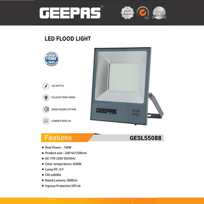 Geepas GESL55088 100W LED Flood Light | 8000 Lumens Daylight 6500K | IP66 Waterproof Outdoor Security Light | 20,000h Long-Life High Brightness LED Lamp| 2 Years Warranty