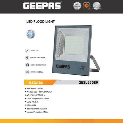Geepas GESL55089 150W LED Flood Light |12000 Lumens Daylight 6500K| IP66 Waterproof Outdoor Security Lighting |20,000h Lifetime High Brightness LED Lamp| 2 Years Warranty