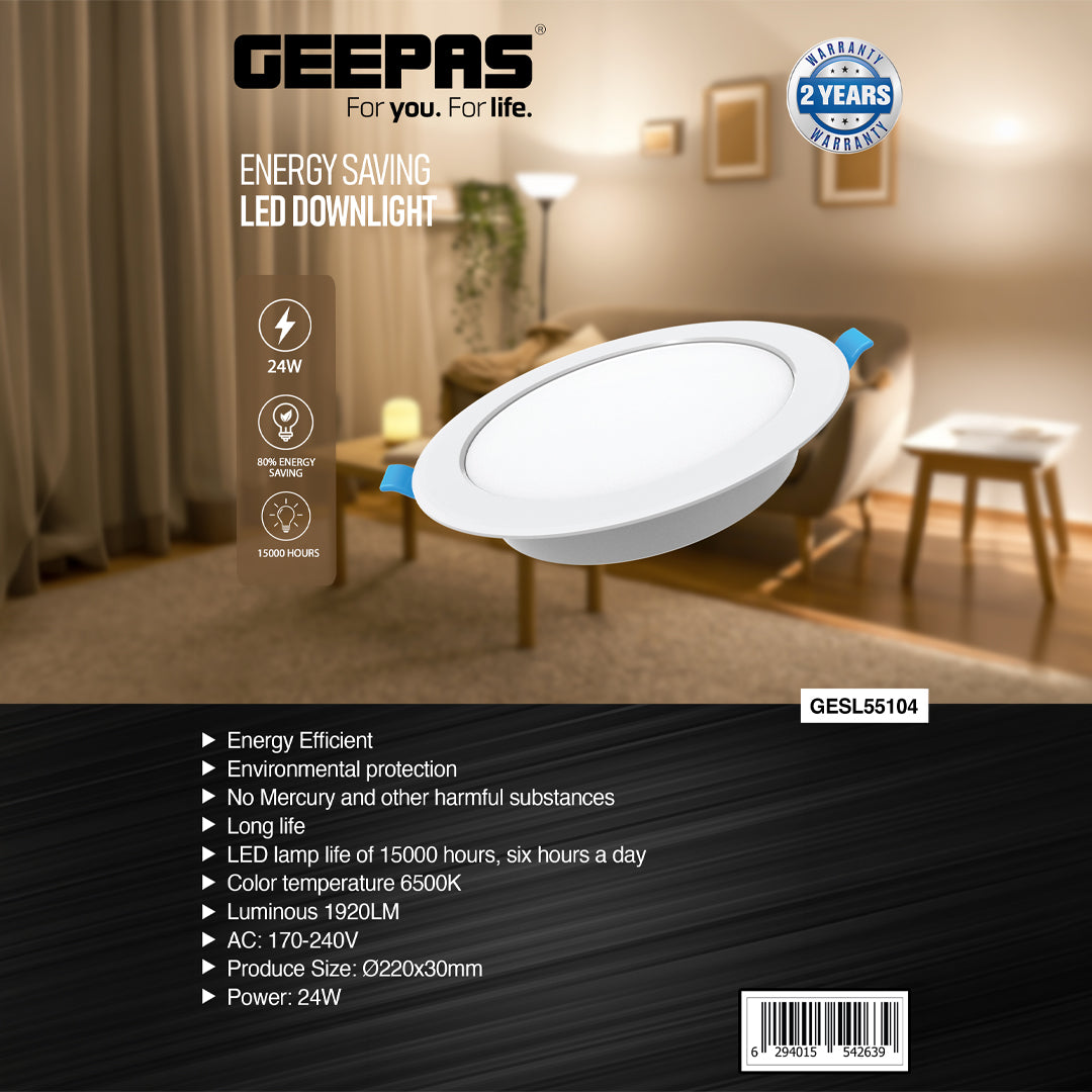 Geepas GESL55104 24W LED Downlight | Energy Saving Ceiling Light with 1920 Lumens, 6500K Cool White | Long Life 15,000 Hours, Eco-Friendly Design | 2 Years Warranty
