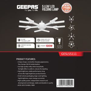 Geepas GESL55111 100W 5 Leaf LED Folding Lamp | Adjustable Panels| 50,000 Hours LED Life| 80% Energy Saving| High Brightness| B22 Adapter Included| 2 Years Warranty