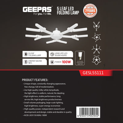 Geepas GESL55111 100W 5 Leaf LED Folding Lamp | Adjustable Panels| 50,000 Hours LED Life| 80% Energy Saving| High Brightness| B22 Adapter Included| 2 Years Warranty