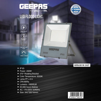 Geepas 200 W LED Flood Light- GESL55118| 16000 Lumens and 6500 K Color Temperature| 80% Energy Efficient LED Light, 270-Degree Rotating Bracket, 2 Year Warranty, Black