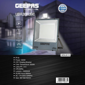 Geepas 300W LED Flood Light GESL55119, 24000 lumens, 6500K, 80% energy saving, 270° rotating bracket, ideal for outdoors, sports & parking, black, 2-year warranty