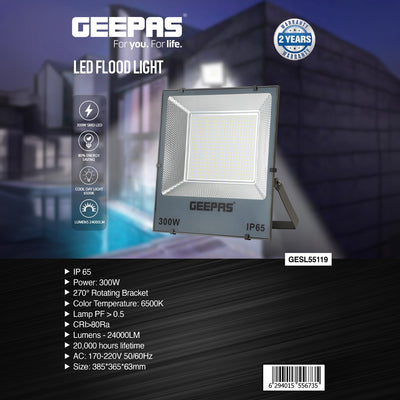 Geepas 300W LED Flood Light GESL55119, 24000 lumens, 6500K, 80% energy saving, 270° rotating bracket, ideal for outdoors, sports & parking, black, 2-year warranty