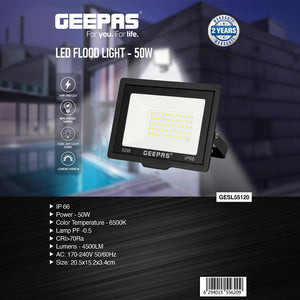 Geepas 50 W LED Flood Light- GESL55120| 4500 Lumens and 6500 K Color Temperature| 80% Energy Efficient LED Light, Perfect for Outdoor Spaces | 2 Year Warranty, Black
