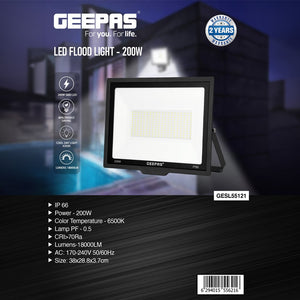 Geepas 200W LED Flood Light- GESL55121 | 1800 Lumens, 6500K | 80% Energy Efficient | Ideal for Outdoor Spaces, Sports Arenas & Parking Lots | 2 Years Warranty, Black