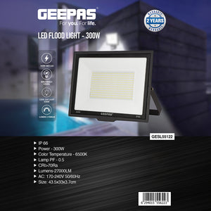Geepas 300 W LED Flood Light- GESL55122| 27000 Lumens and 6500 K Color Temperature| 80% Energy Efficient LED Light, Perfect for Outdoor Spaces,2 Year Warranty, Black