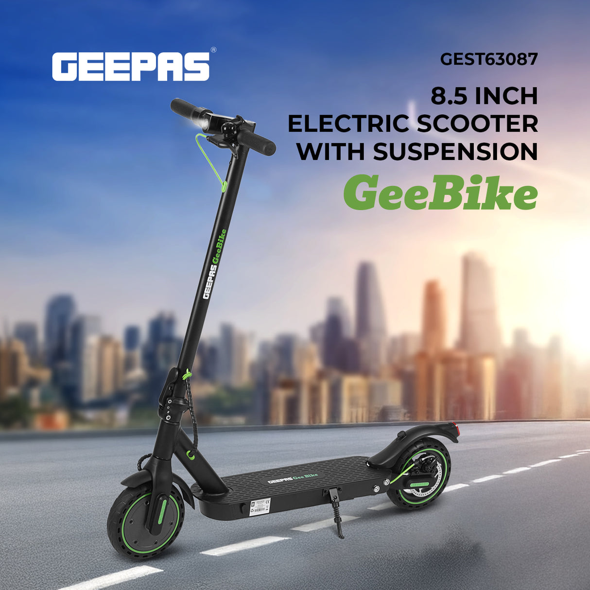 Geepas GeeBike 8.5" Electric Scooter with Suspension- GEST63087/ Smart and Fast, Foldable, Digital LED Display, Brake Lights/ Adjustable Speed Control