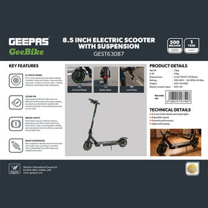Geepas GEST63087 GeeBike 8.5-Inch Foldable Electric Scooter | Adjustable Speed| Rear Suspension| LED Display| Brake Lights| 30Km/hr Speed| Lightweight | 1 Year warranty