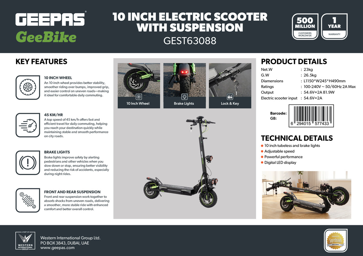 Geepas GEST63088 GeeBike Foldable 10-Inch Electric Scooter with Suspension | Adjustable Speed| Brake Lights| Front & Rear Suspension | 45Km/hr Speed | 1 year Warranty