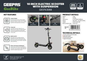 Geepas GEST63088 GeeBike Foldable 10-Inch Electric Scooter with Suspension | Adjustable Speed| Brake Lights| Front & Rear Suspension | 45Km/hr Speed | 1 year Warranty