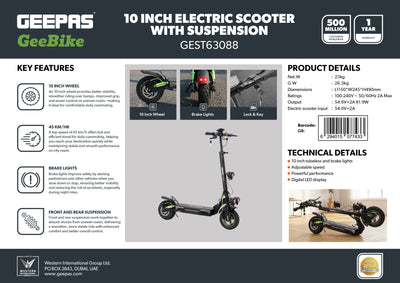 Geepas GEST63088 GeeBike Foldable 10-Inch Electric Scooter with Suspension | Adjustable Speed| Brake Lights| Front & Rear Suspension | 45Km/hr Speed | 1 year Warranty