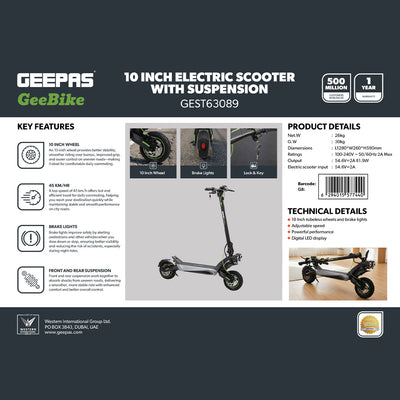 Geepas GEST63089 GeeBike 10-Inch Electric Scooter | Adjustable Speed | LED Display | Front & Rear Suspension | Brake Lights| 45Km/hr Powerful Ride| 1 Year Warranty