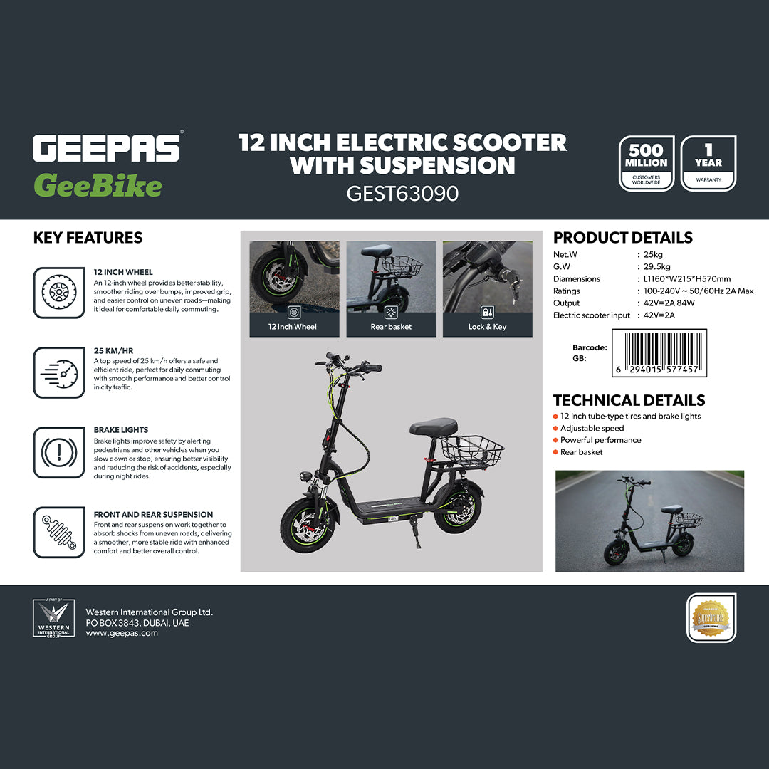 Geepas GEST63090 GeeBike 12-Inch Electric Scooter | Adjustable Speed | Front & Rear Suspension | Rear Basket | Brake Lights | 25Km/hr Eco-Friendly Ride | 1 Year Warranty