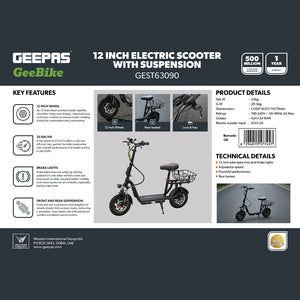 Geepas GEST63090 GeeBike 12-Inch Electric Scooter | Adjustable Speed | Front & Rear Suspension | Rear Basket | Brake Lights | 25Km/hr Eco-Friendly Ride | 1 Year Warranty