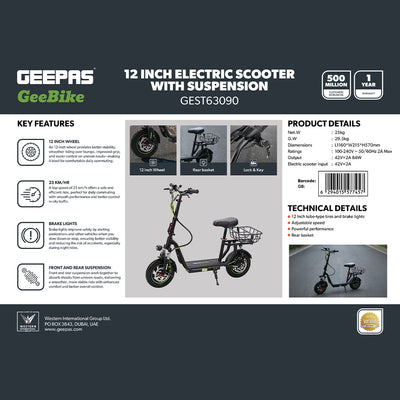 Geepas GEST63090 GeeBike 12-Inch Electric Scooter | Adjustable Speed | Front & Rear Suspension | Rear Basket | Brake Lights | 25Km/hr Eco-Friendly Ride | 1 Year Warranty