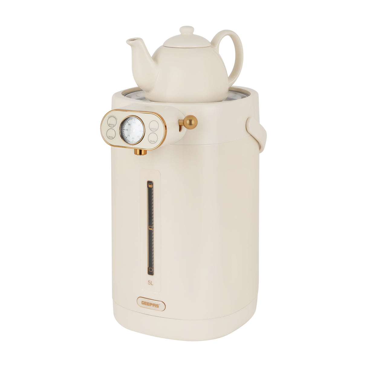 Geepas 5 Liter Electric Thermo Pot- GEV27026/ Stainless Steel Inner Pot, 8 Stage Temperature Selection, Automatic Stop/ Purified Water Mode / Beige, 2 Years Warranty