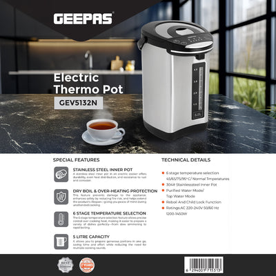 Geepas 5L Electric Thermo Pot GEV5132 | 6-Stage Adjustable Temperature Control | Keep Warm Function | Purified Water Mode | Stainless Steel Body | 2 Years Warranty
