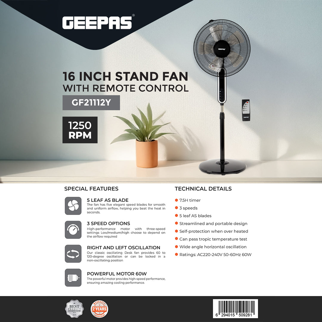 Geepas GF21112 16 Inch Stand Fan with Remote Control | 60W Power| 3 Speed Settings| 5 Durable AS Blades| 7.5 Hour Timer| Wide Oscillation Function| 2 Years Warranty