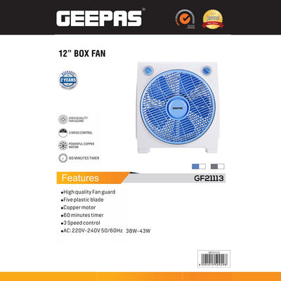 Geepas GF21113 12 Inch Box Fan | 60-Min Timer | 3 Speed Control | 50W Powerful Motor | Strong Safety Grill | Compact Portable Cooling Fan for Home, Office & Indoor Use
