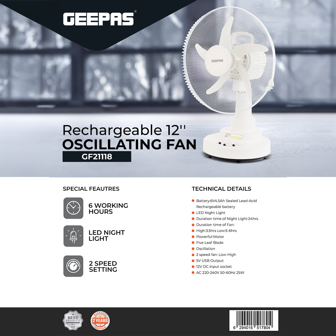 Geepas GF21118 Rechargeable 12-Inch Oscillating Fan | 3-Speed Control | LED Light | Long Battery Backup | Portable Design for Home & Outdoor Use | 2 Years Warranty