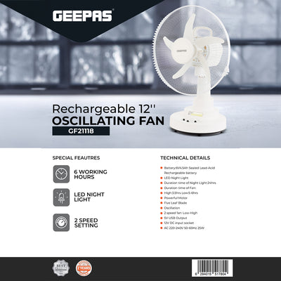 Geepas GF21118 Rechargeable 12-Inch Oscillating Fan | 3-Speed Control | LED Light | Long Battery Backup | Portable Design for Home & Outdoor Use | 2 Years Warranty