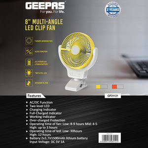 Geepas 8" Multi Angle LED Clip Fan GF21121 | 2-in-1 Fan & Light | Fan 9H, Light 12H | Indicators for Charging & Safety | Ideal for Home, Office, Travel | 2Year Warranty