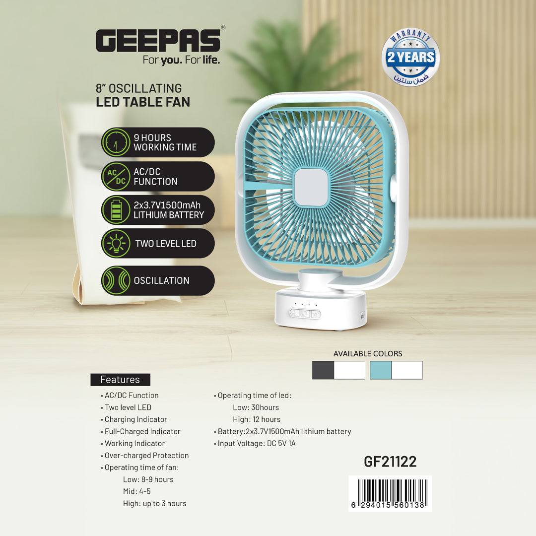 Geepas GF21122 8-Inch Oscillating LED Table Fan | Rechargeable AC/DC Function| 2x1500mAh Lithium Battery| Two-Level LED Light| 9 Hours Working Time| 2 Years Warranty
