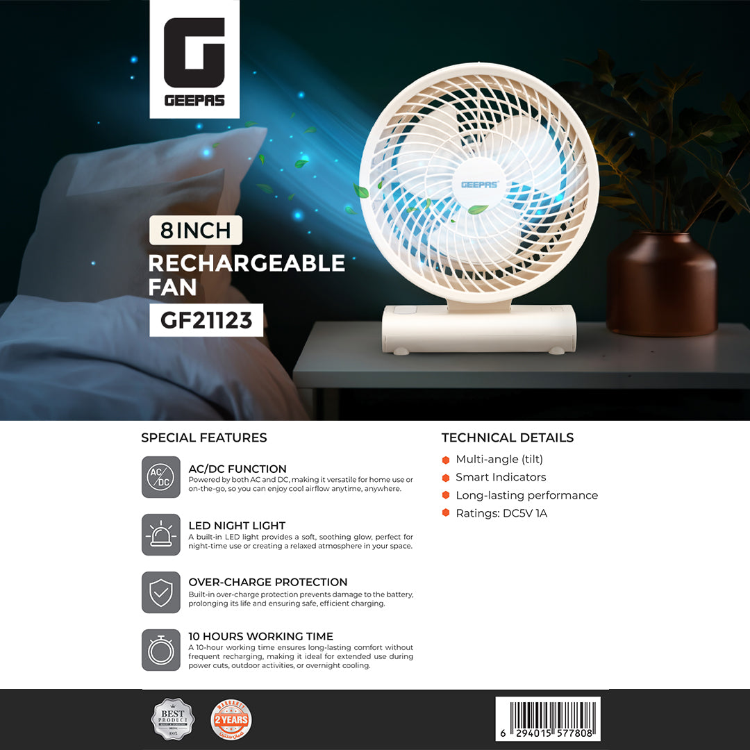 Geepas 8" Rechargeable Fan GF21123 | Up to 10H Working Time, LED Light, AC/DC Function, Smart Indicators & Overcharge Protection | Ideal for Home & Office, 2Year Warranty