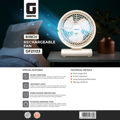 Geepas 8" Rechargeable Fan GF21123 | Up to 10H Working Time, LED Light, AC/DC Function, Smart Indicators & Overcharge Protection | Ideal for Home & Office, 2Year Warranty
