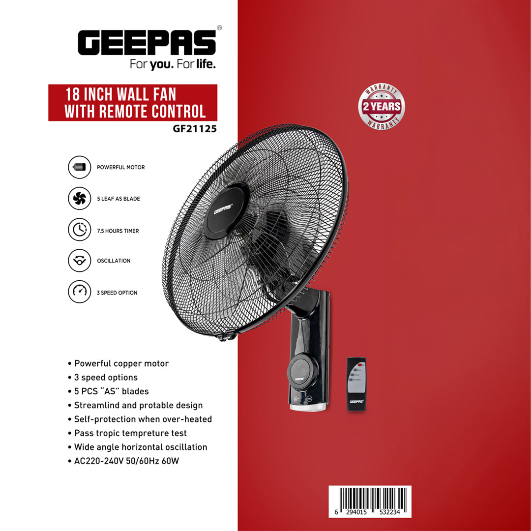 Geepas 18 Inch Wall Fan with Remote Control GF21125 | Powerful Copper Motor| 3 Speed Settings| 5 AS Blades| Oscillation| 7.5h Timer| Self-Protection| 2 Years Warranty