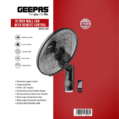 Geepas 18 Inch Wall Fan with Remote Control GF21125 | Powerful Copper Motor| 3 Speed Settings| 5 AS Blades| Oscillation| 7.5h Timer| Self-Protection| 2 Years Warranty