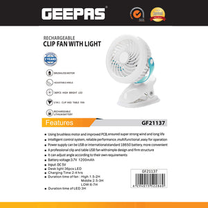 Geepas GF21137 Rechargeable Clip Fan with Light | Portable 2-in-1 Cooling Fan & LED Lamp | USB Charging |Adjustable Tilt | Grip Clip | 7 Hours Working | 2 Years Warranty