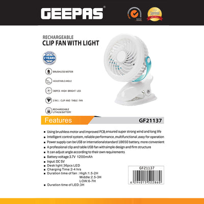Geepas GF21137 Rechargeable Clip Fan with Light | Portable 2-in-1 Cooling Fan & LED Lamp | USB Charging |Adjustable Tilt | Grip Clip | 7 Hours Working | 2 Years Warranty