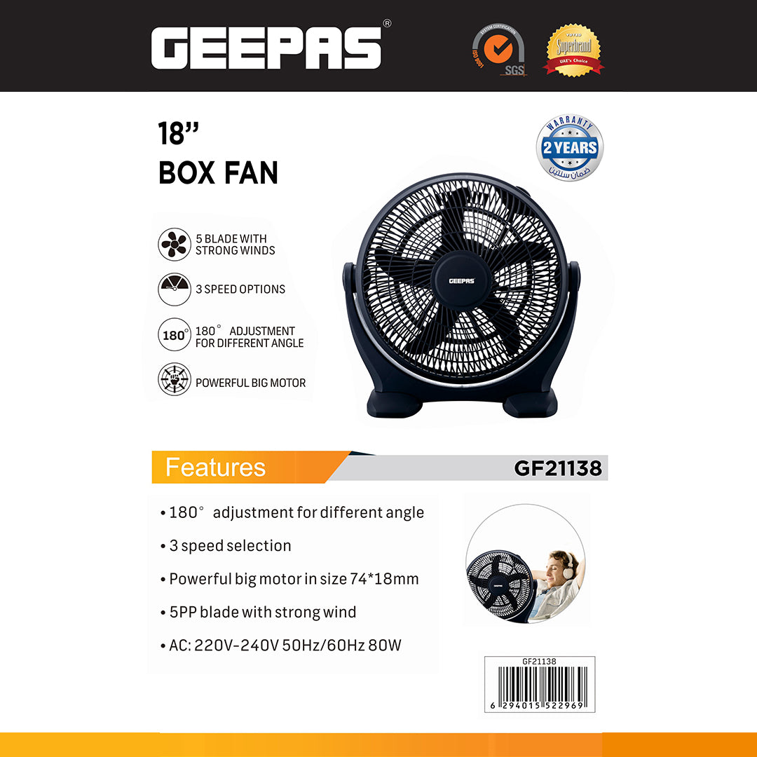 Geepas GF21138 18-Inch Box Fan | Powerful 5-Blade Design | Adjustable 3-Speed Settings | Energy Efficient Cooling | Quiet Operation for Home & Office| 2 Years Warranty