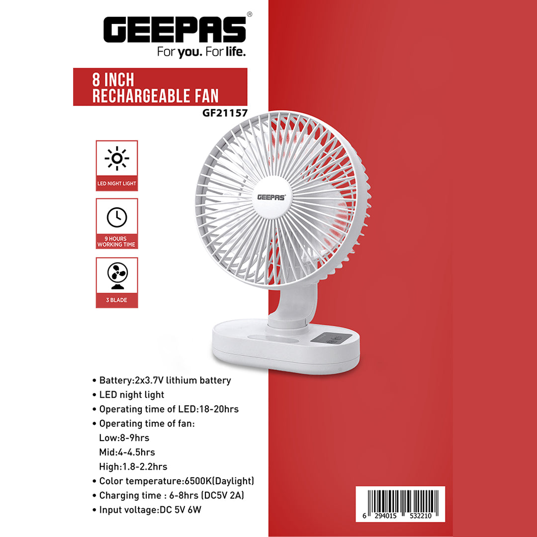 Geepas GF21157 8-Inch Rechargeable Fan with LED Night Light |Features 3-speed control |9-hour runtime |lithium battery |3 Blade Fan with Adjustable Head| portable design