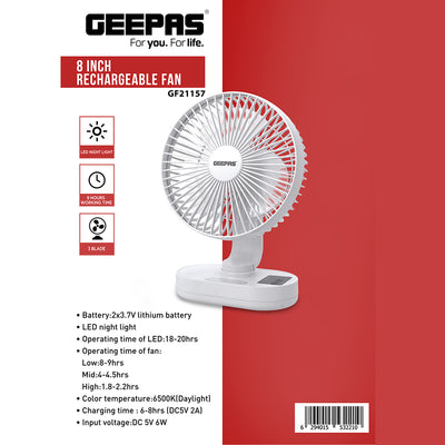 Geepas GF21157 8-Inch Rechargeable Fan with LED Night Light |Features 3-speed control |9-hour runtime |lithium battery |3 Blade Fan with Adjustable Head| portable design