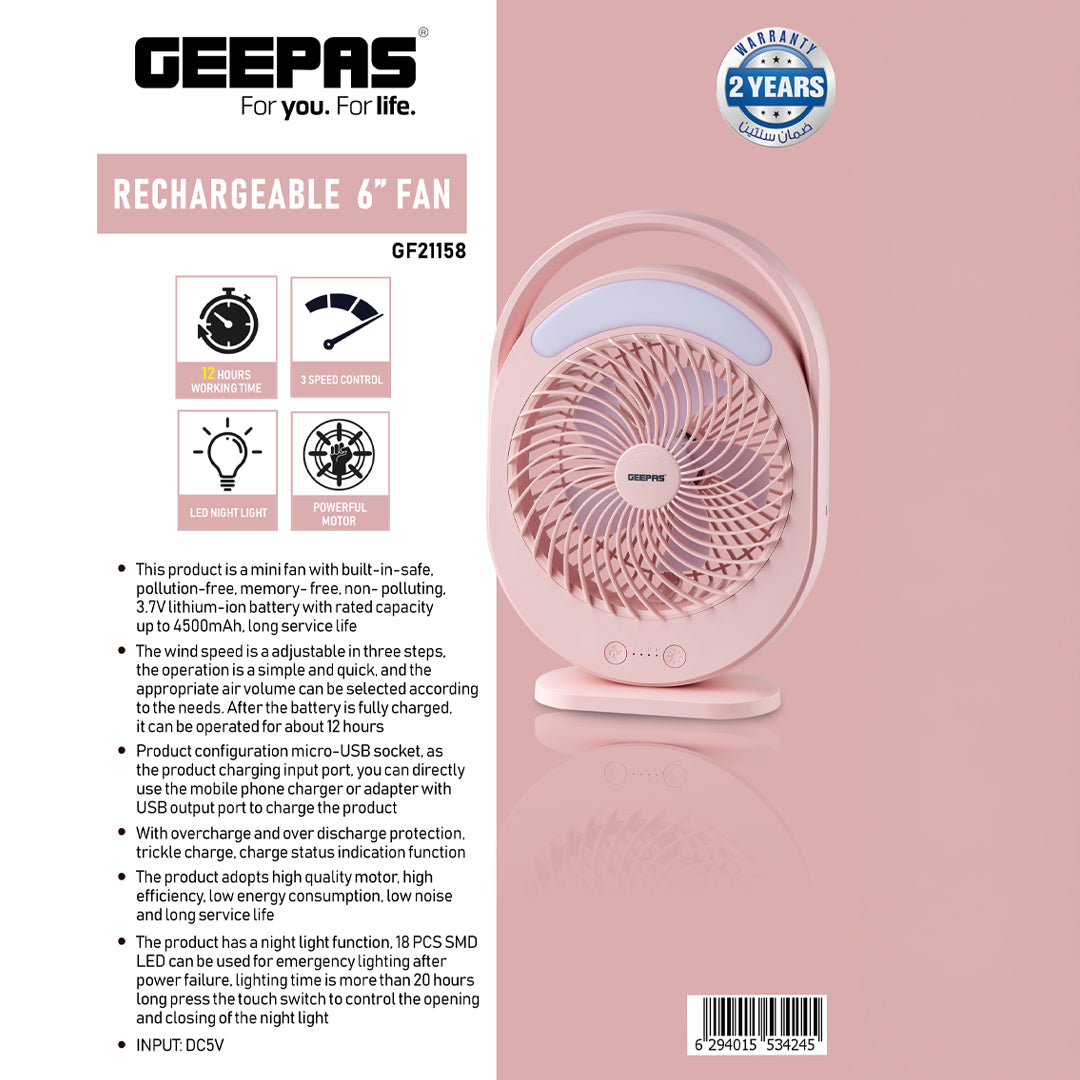 Geepas GF21158 Rechargeable 6 Inch Fan | 4500mAh Battery | 12H Working Time| 3-Speed Control| LED Night Light | Low Noise | Compact & Lightweight | 2 Years Warranty