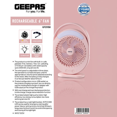 Geepas GF21158 Rechargeable 6 Inch Fan | 4500mAh Battery | 12H Working Time| 3-Speed Control| LED Night Light | Low Noise | Compact & Lightweight | 2 Years Warranty