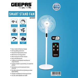 Geepas GF21159 Smart Stand Fan | WiFi & Bluetooth Control | 9-Hour Timer| 3-Speed Setting| 5 Blades| Full Copper Motor| Remote App| Adjustable Height| 2 Years Warranty